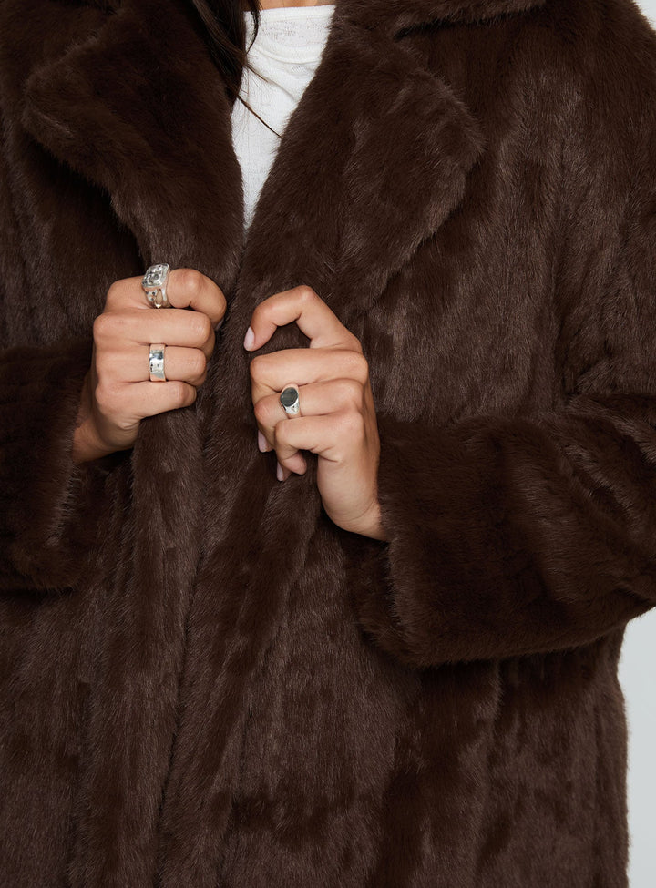 Sue | Women’s oversized faux fur trench coat with lapel collar and drop shoulders