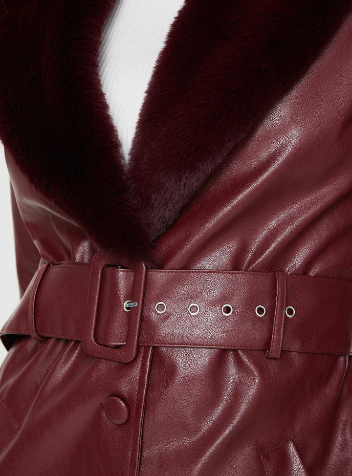 Isabella | Women’s longline faux leather trench coat with faux fur trim