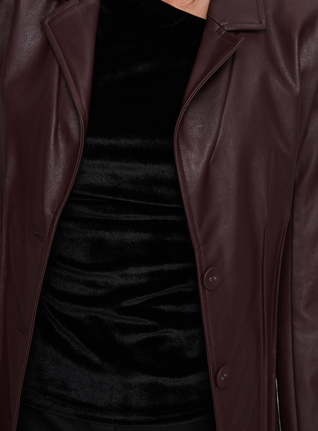 Kara | Women’s longline faux leather trench coat with lapel collar and pleat detail