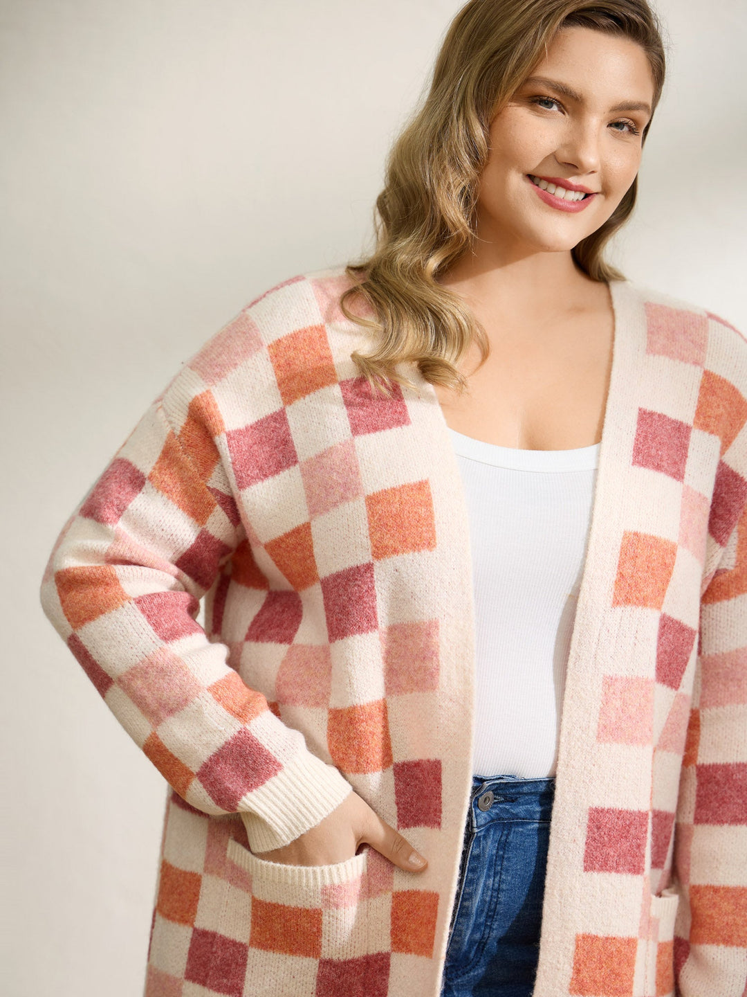 Elsie | Women’s checkered open-front knit cardigan with front pockets