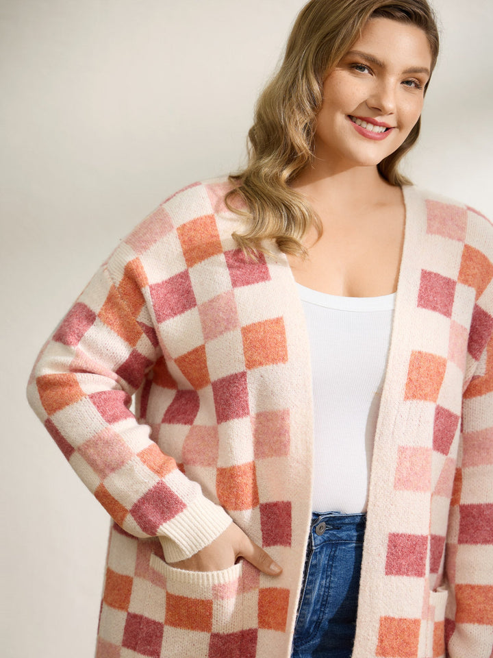 Elsie | Women’s checkered open-front knit cardigan with front pockets