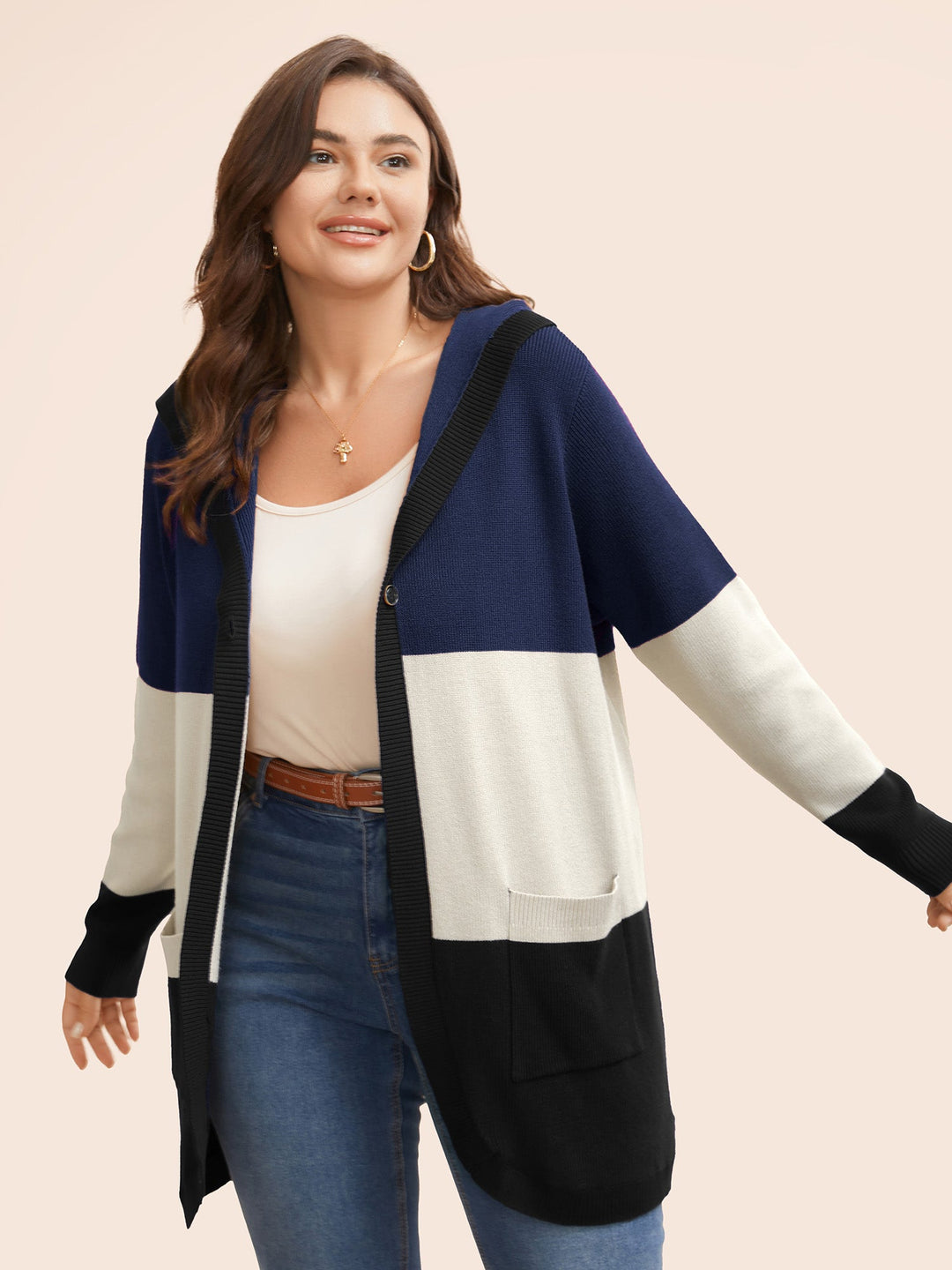 Adeline | Women’s color block hooded knit cardigan with patch pockets