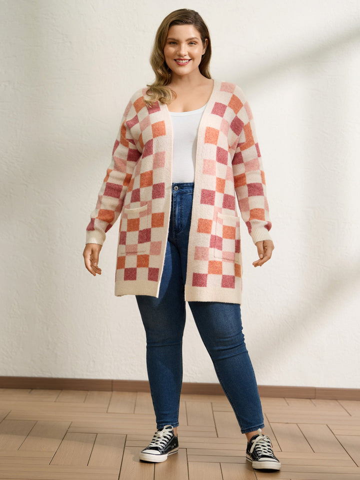 Elsie | Women’s checkered open-front knit cardigan with front pockets