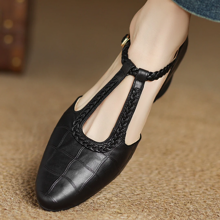 Cara | Women’s t-strap sandals with braided detail and pointed toe