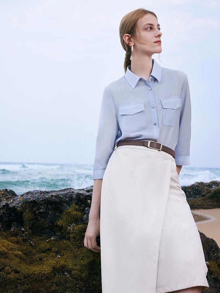 Vada | Women’s acetate shirt and asymmetric skirt set with leather belt