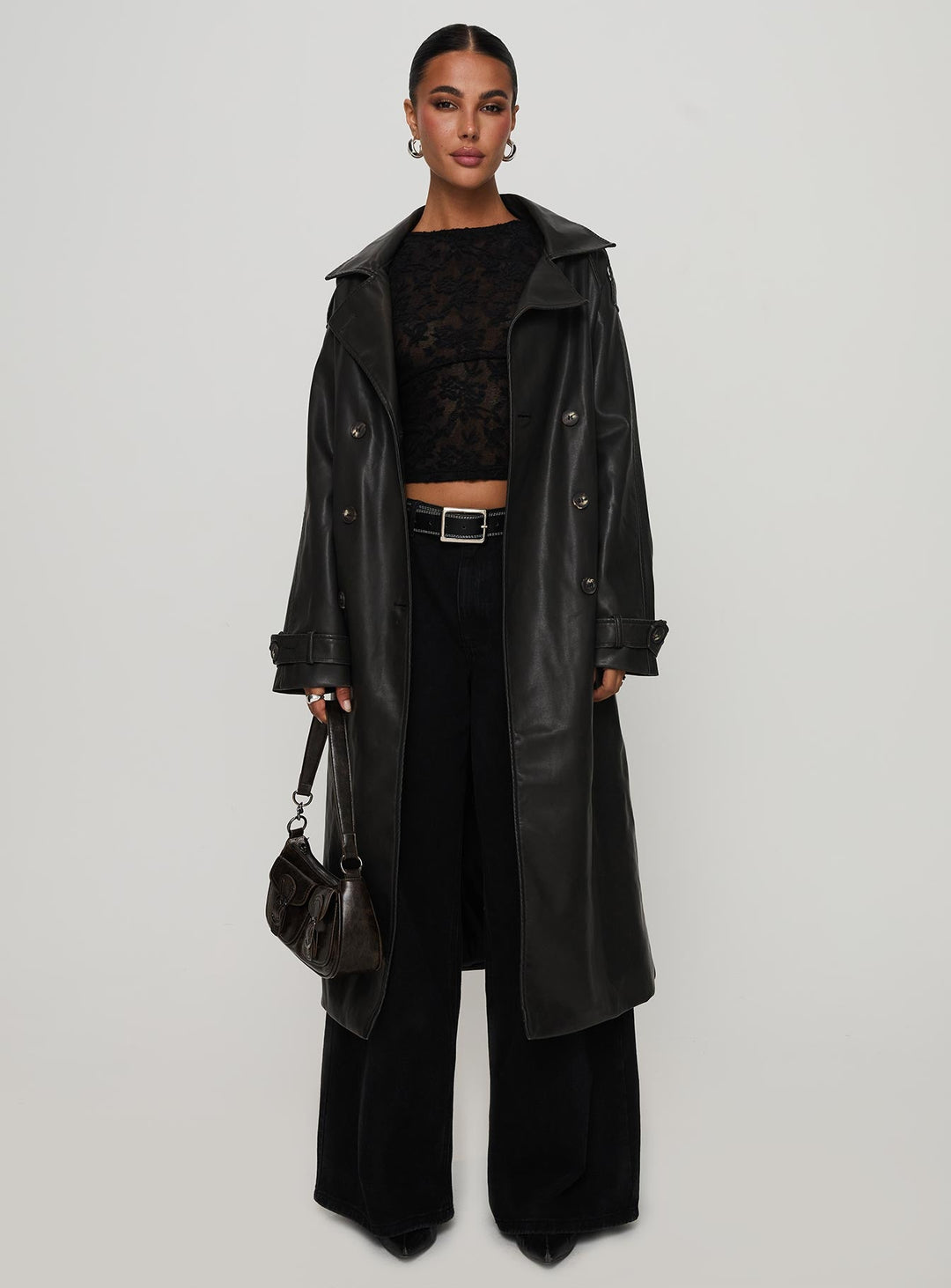 Amarah | Women’s faux leather trench coat with belt detail and epaulets