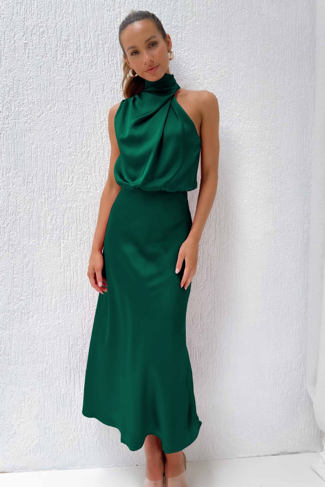 Ruby | Women’s maxi dress with high neckline and draped silhouette