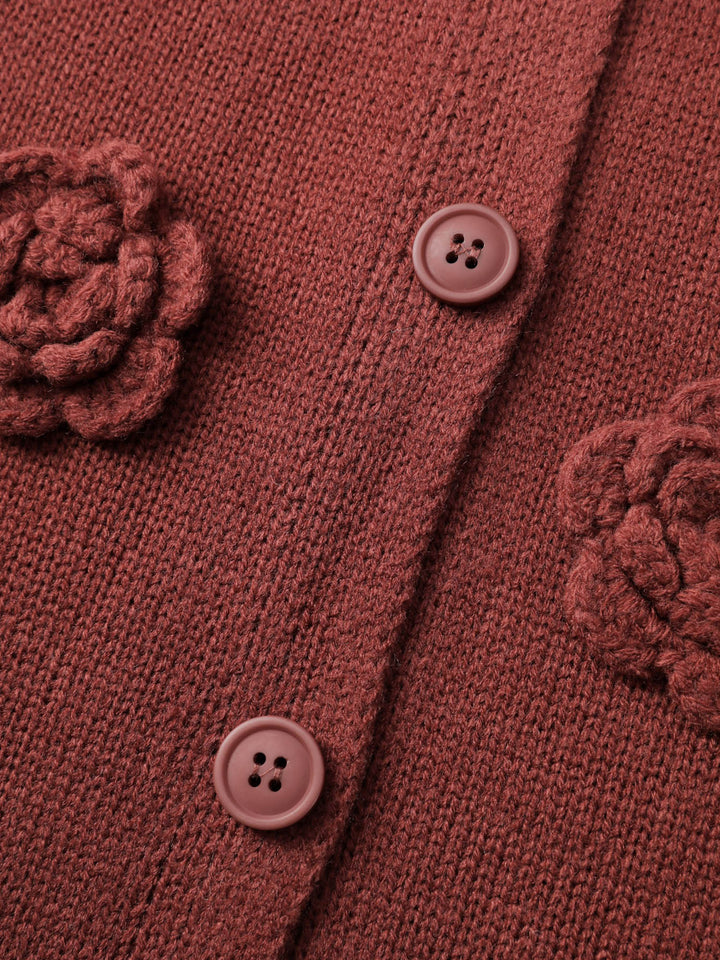 Samantha | Women's 3D floral pattern round neck knit cardigan with ribbed trims