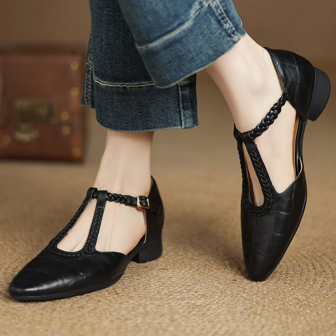Cara | Women’s t-strap sandals with braided detail and pointed toe
