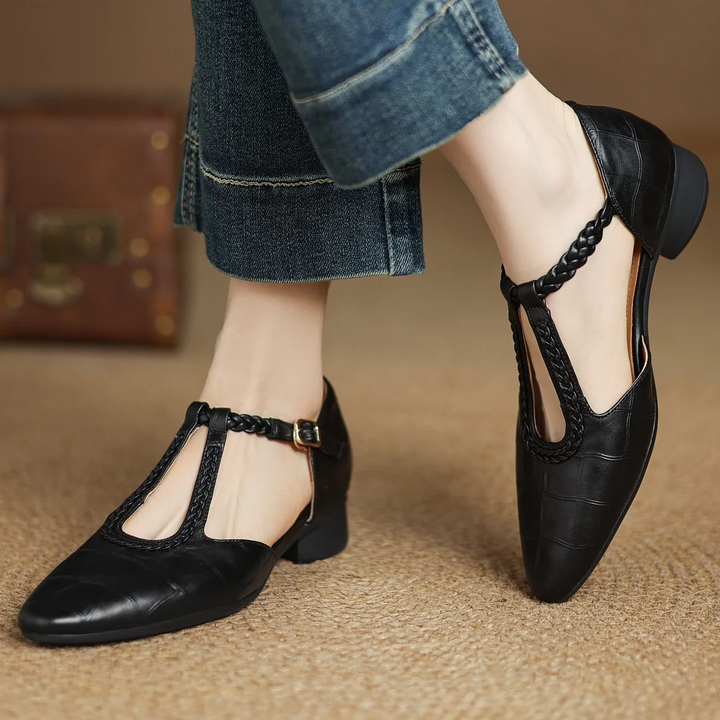 Cara | Women’s t-strap sandals with braided detail and pointed toe