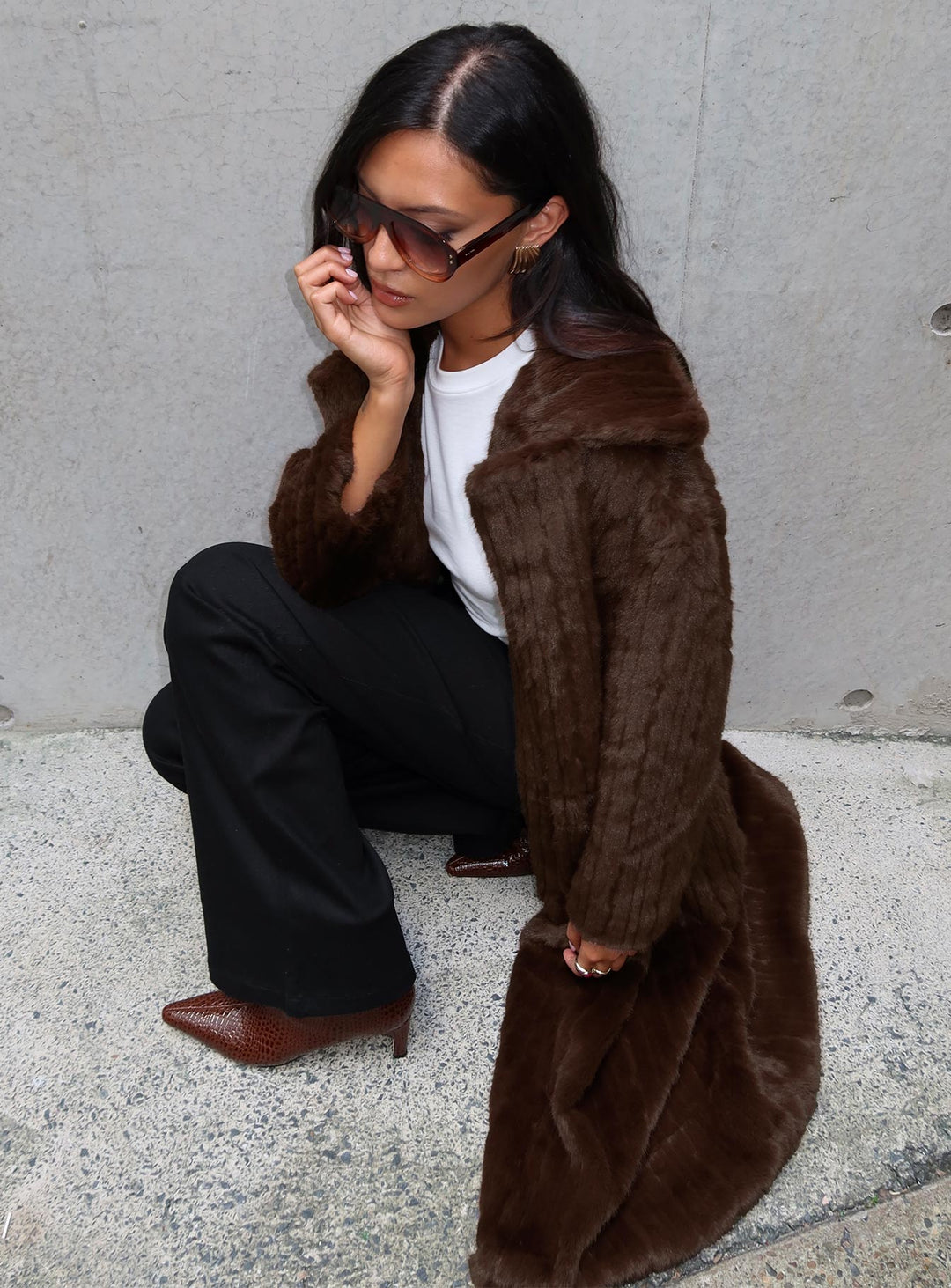 Sue | Women’s oversized faux fur trench coat with lapel collar and drop shoulders