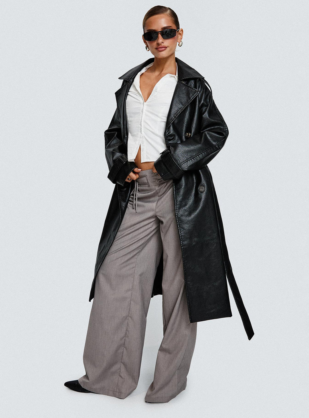 Bettina | Women’s faux leather belted trench coat with wide collar and lapel