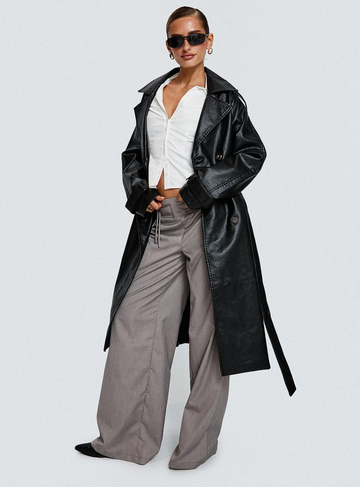 Bettina | Women’s faux leather belted trench coat with wide collar and lapel