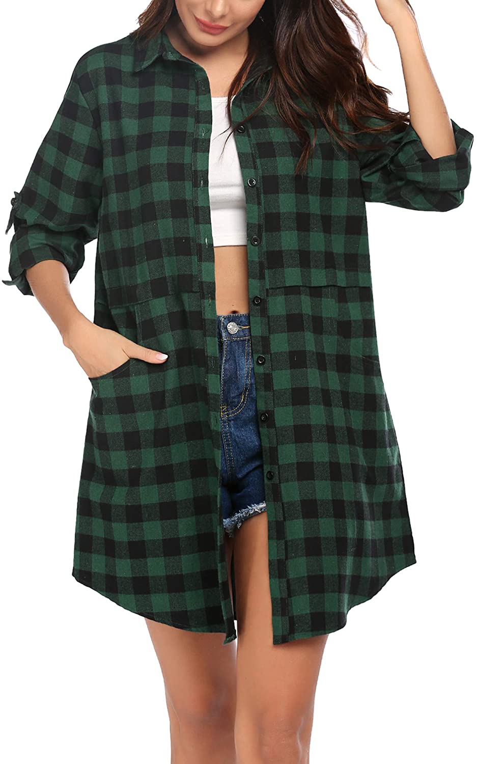 Miles | Women’s flannel plaid polo with button closure