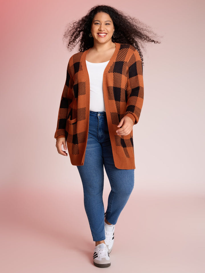 Josephine | Women’s plaid open-front cardigan with patch pockets