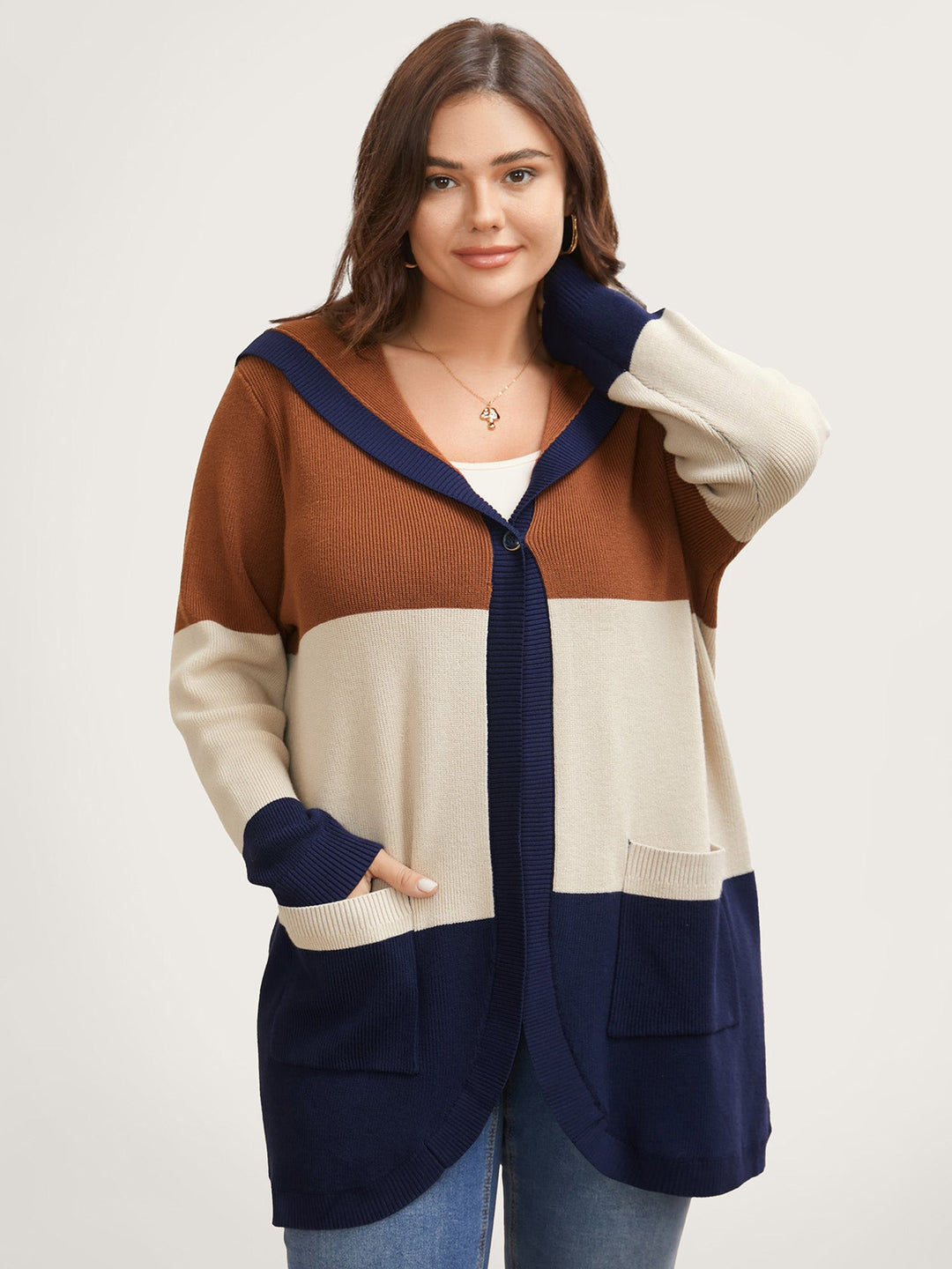Adeline | Women’s color block hooded knit cardigan with patch pockets