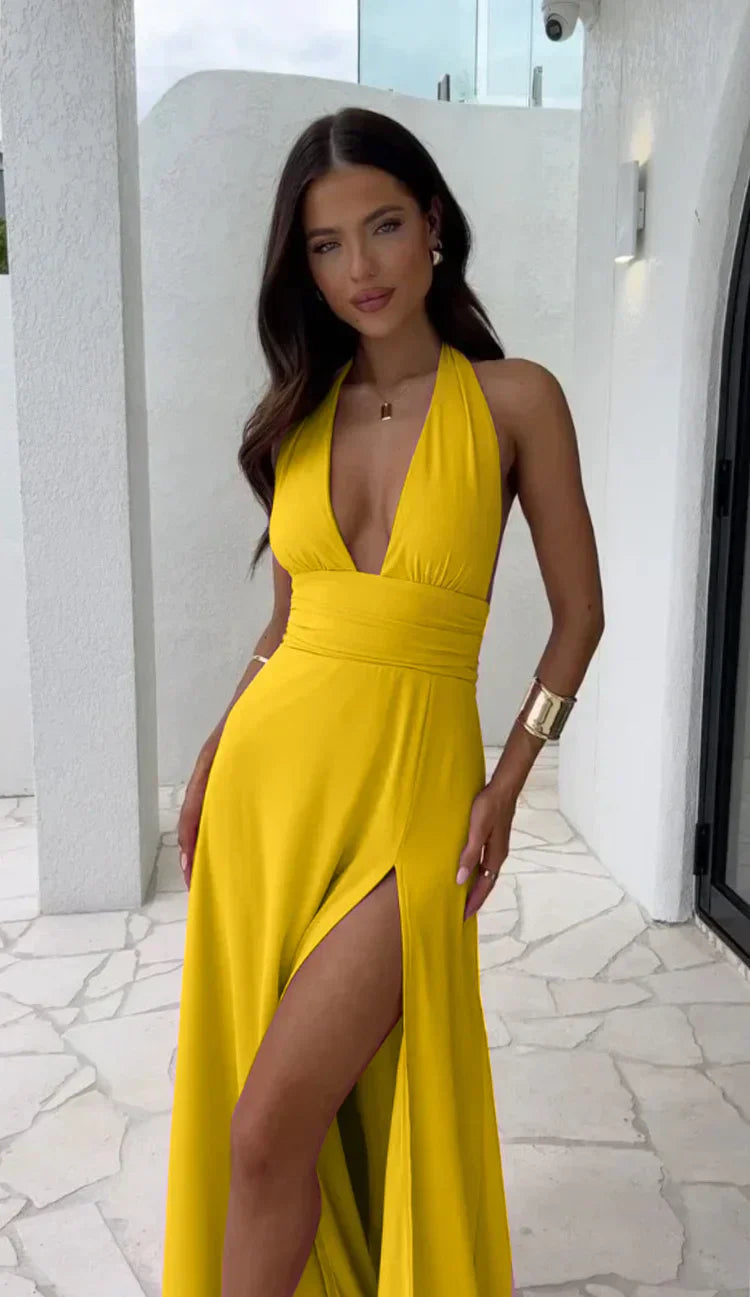 Celeste | Women’s plunging halterneck maxi dress with thigh-high slit
