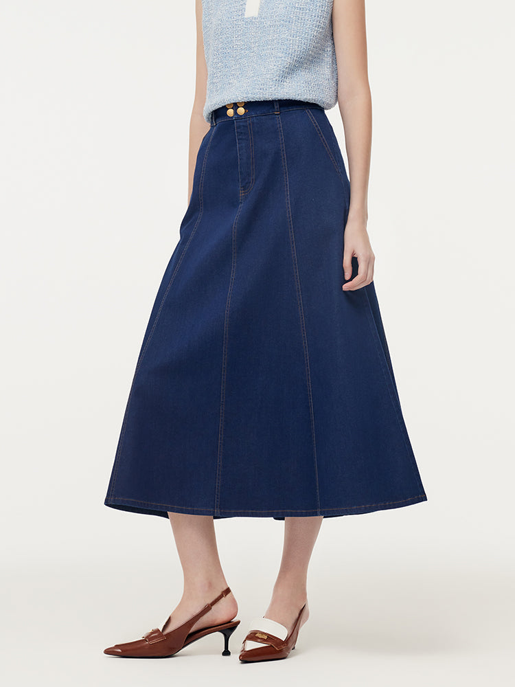 Nyla | Women’s adjustable high-waisted A-line denim midi skirt