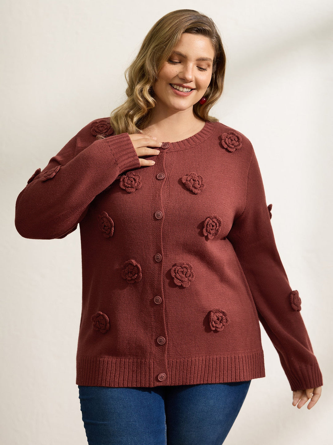 Samantha | Women's 3D floral pattern round neck knit cardigan with ribbed trims