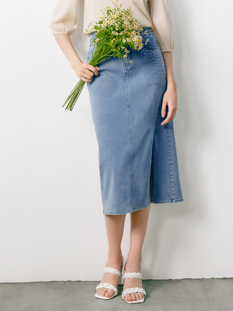 Elouise | Women’s high-waist denim midi skirt with front slit