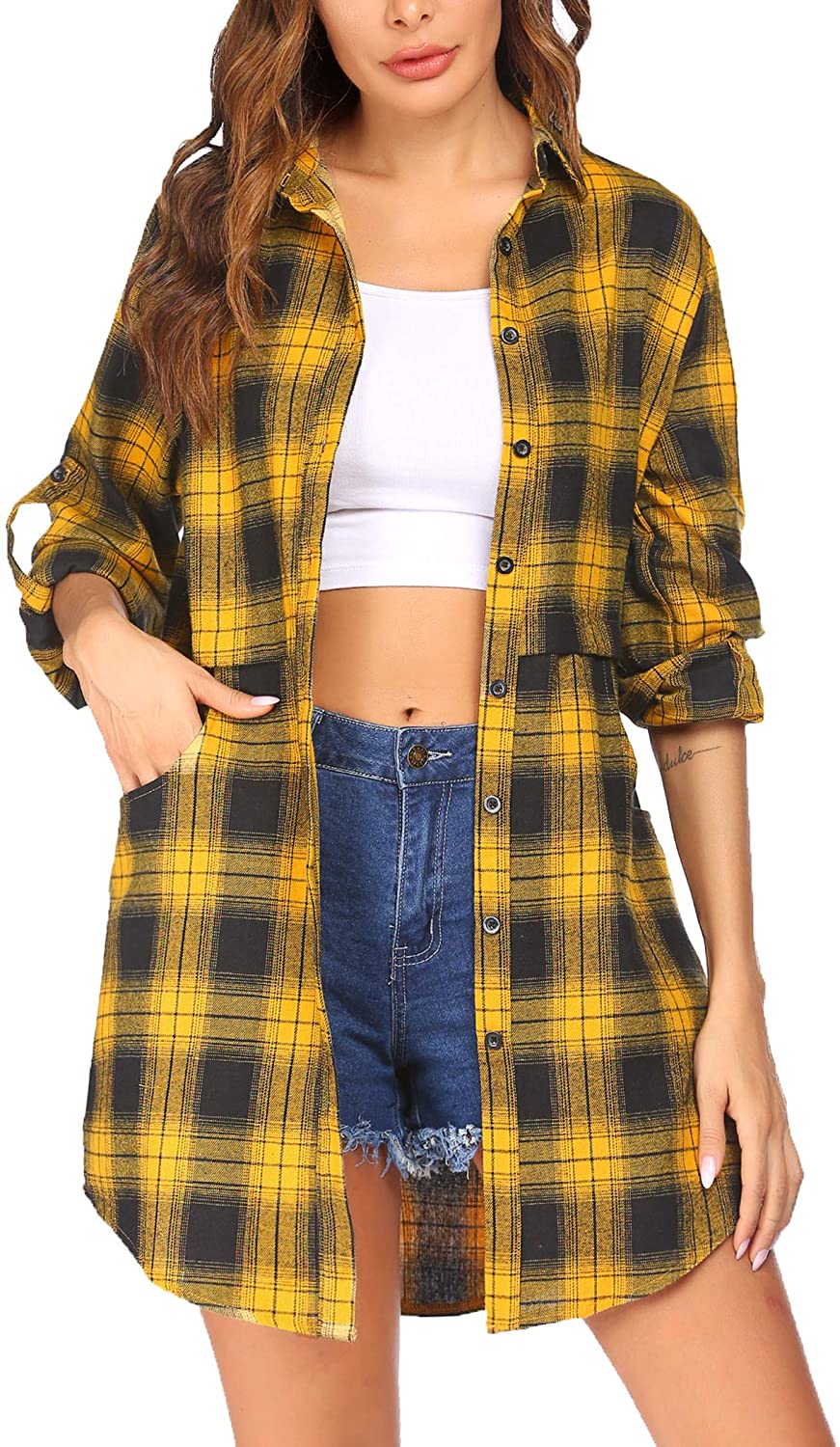 Miles | Women’s flannel plaid polo with button closure