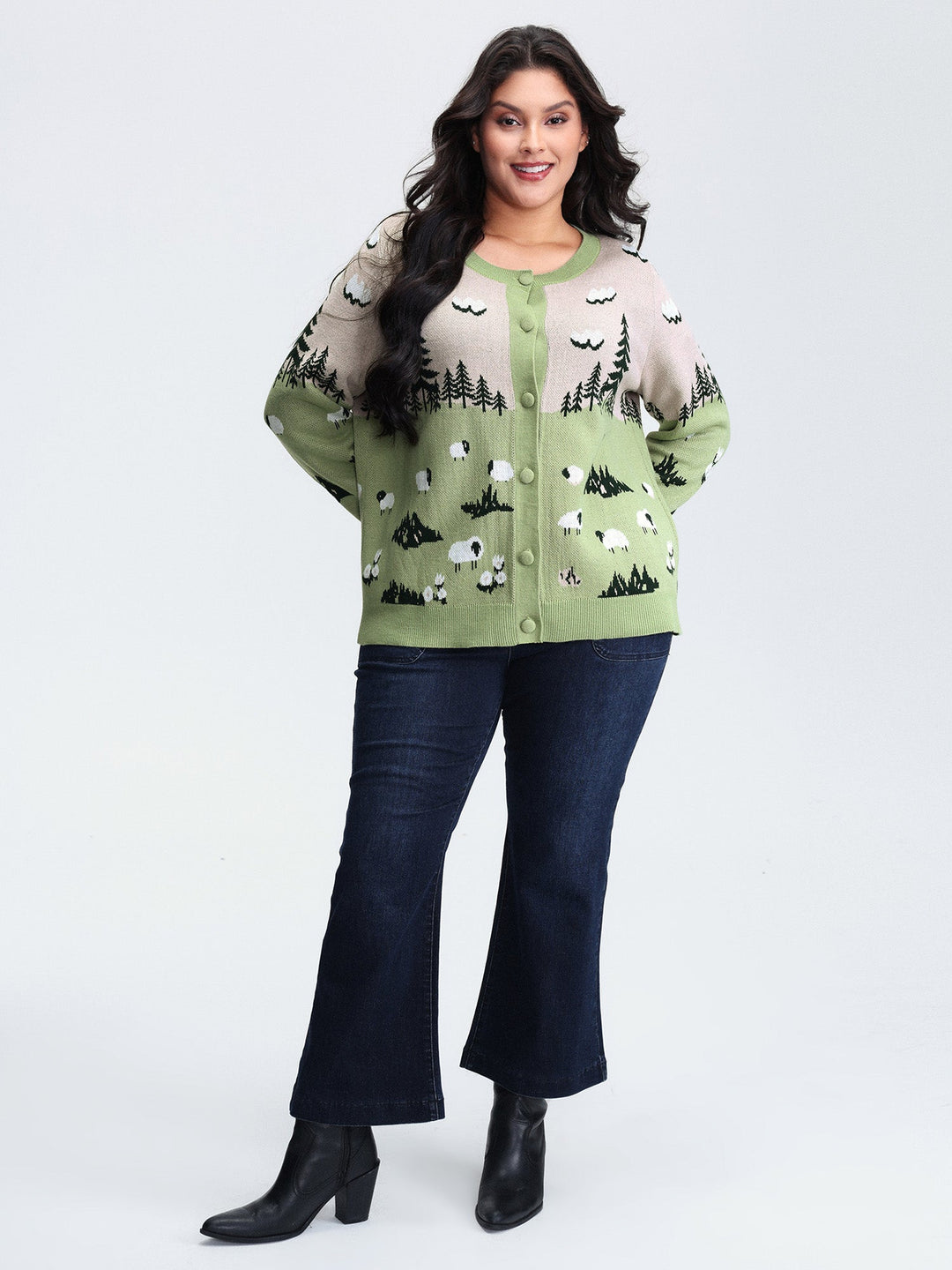 Magnolia | Women’s knit button-up cardigan with scenic sheep pattern