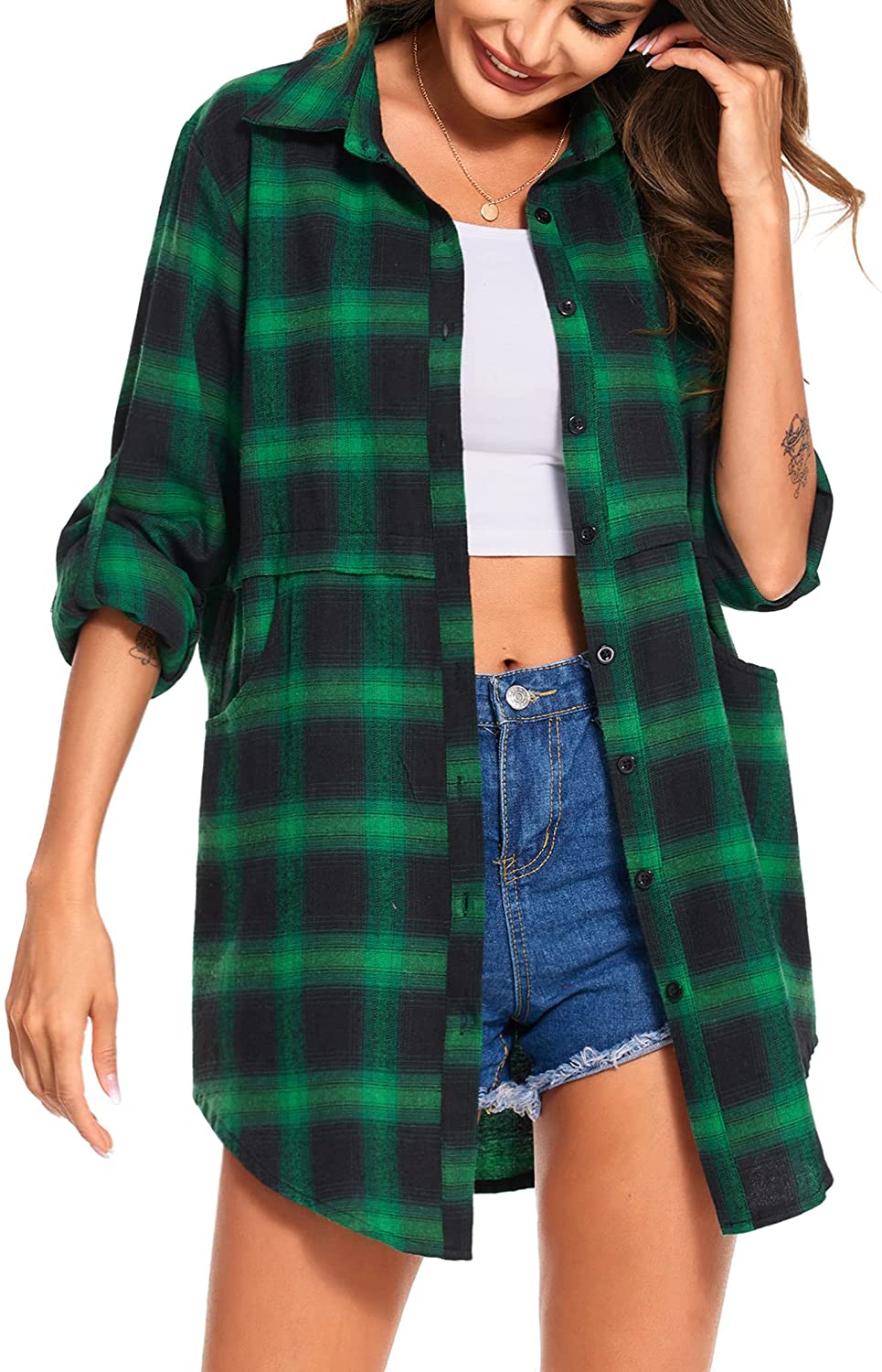 Miles | Women’s flannel plaid polo with button closure