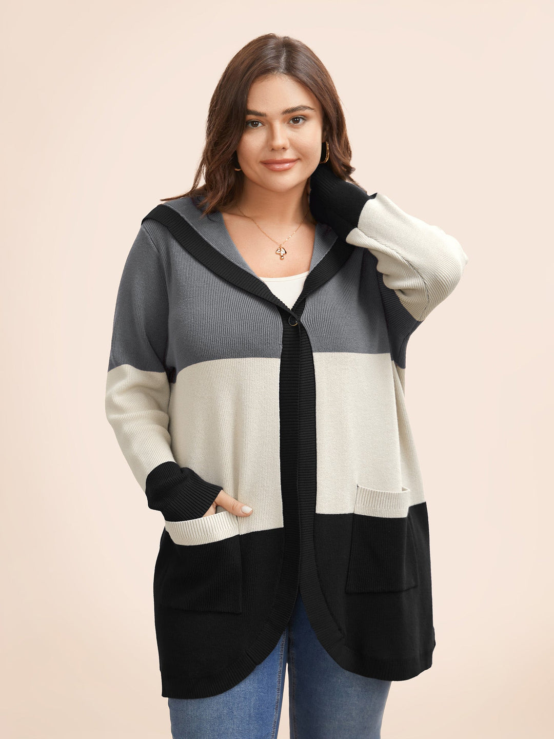 Adeline | Women’s color block hooded knit cardigan with patch pockets