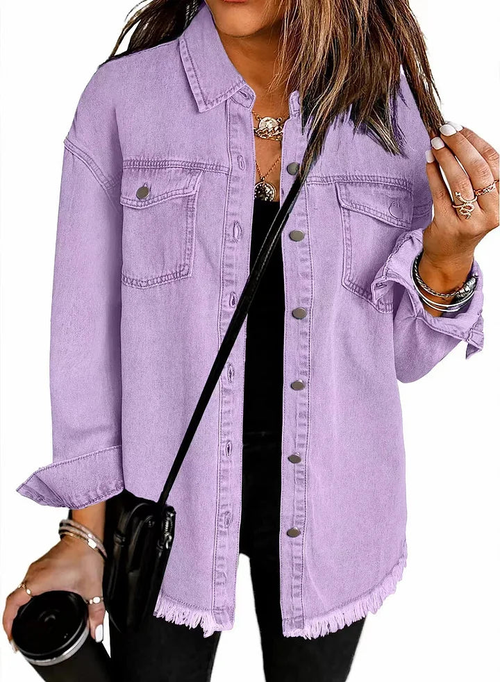 Katya | Women’s casual button-up denim jacket with frayed hem