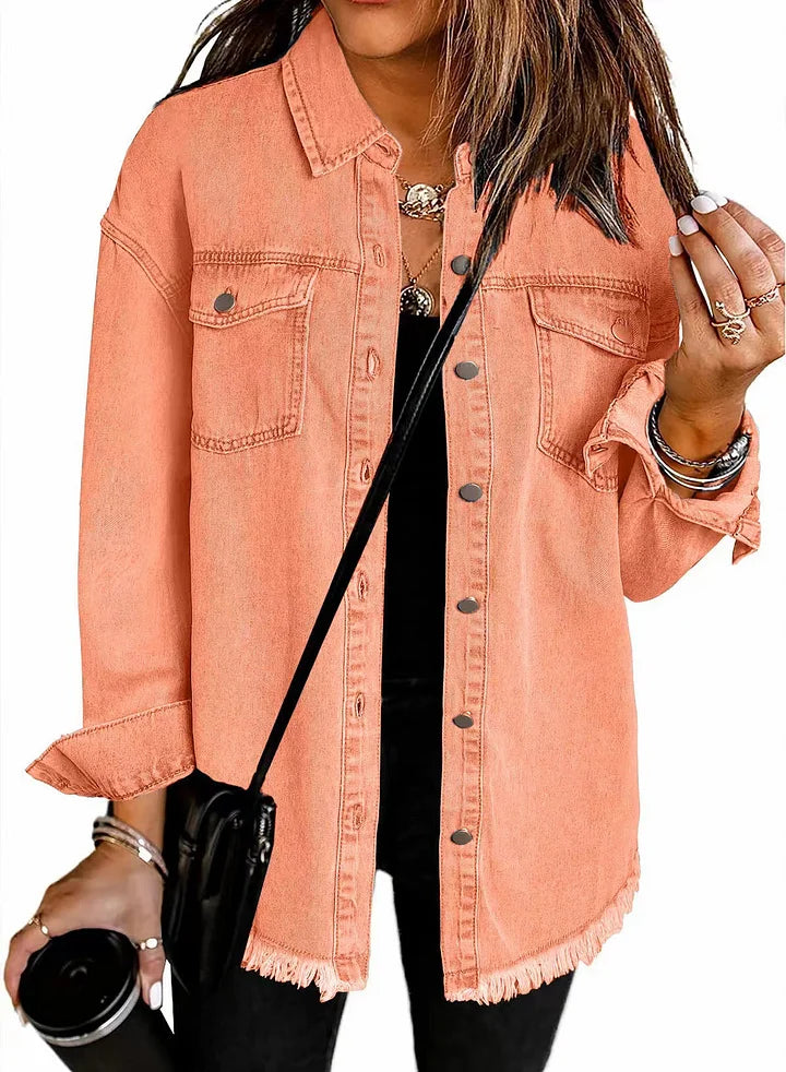 Katya | Women’s casual button-up denim jacket with frayed hem
