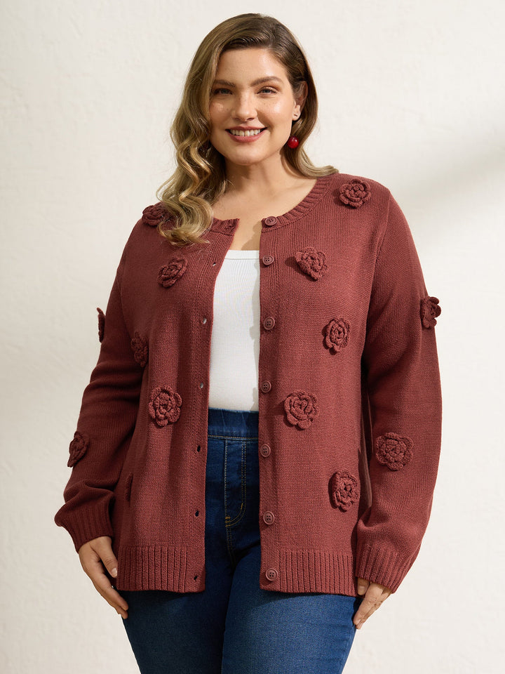 Samantha | Women's 3D floral pattern round neck knit cardigan with ribbed trims