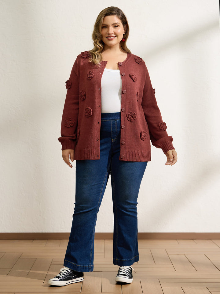 Samantha | Women's 3D floral pattern round neck knit cardigan with ribbed trims