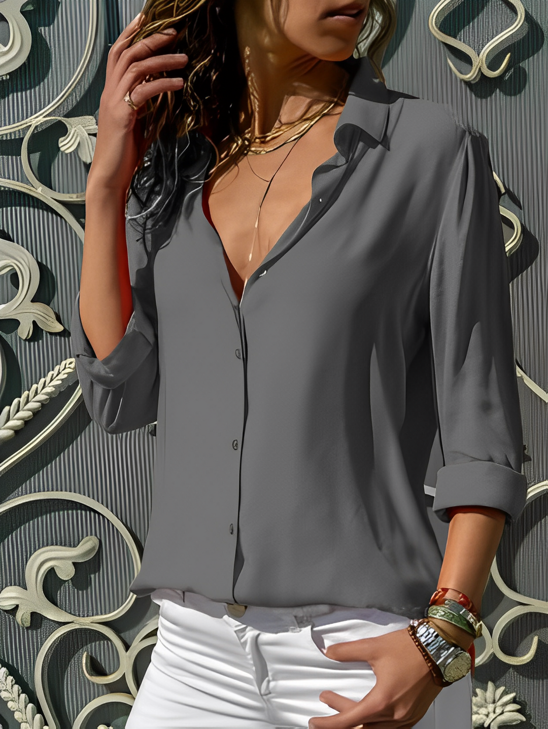 Sandy | Women’s long sleeve button-down polo blouse with collared design