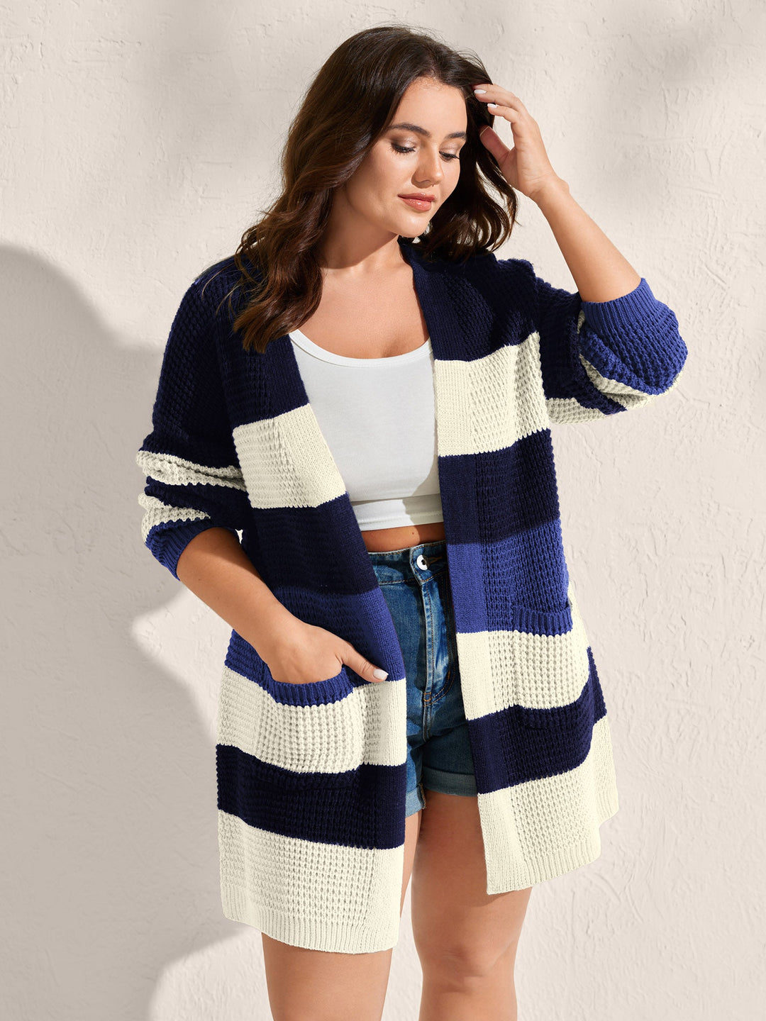 Melody | Women’s striped open-front knit cardigan with pockets