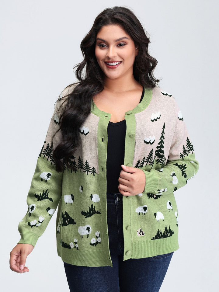 Magnolia | Women’s knit button-up cardigan with scenic sheep pattern