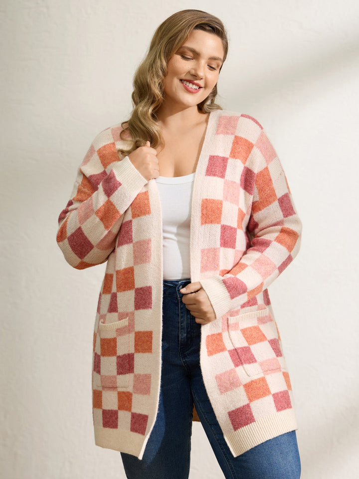 Elsie | Women’s checkered open-front knit cardigan with front pockets