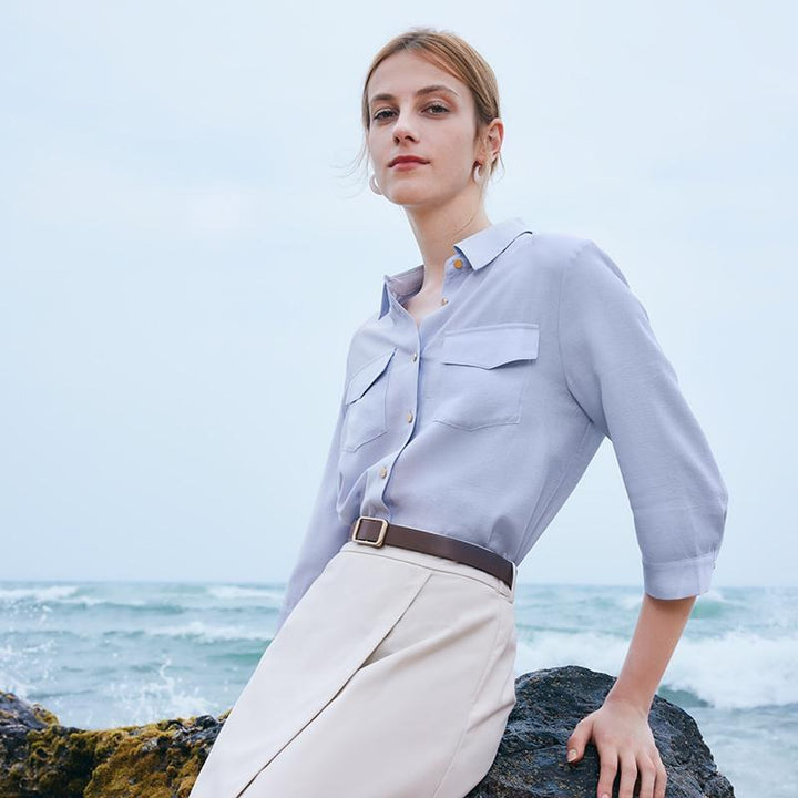 Vada | Women’s acetate shirt and asymmetric skirt set with leather belt