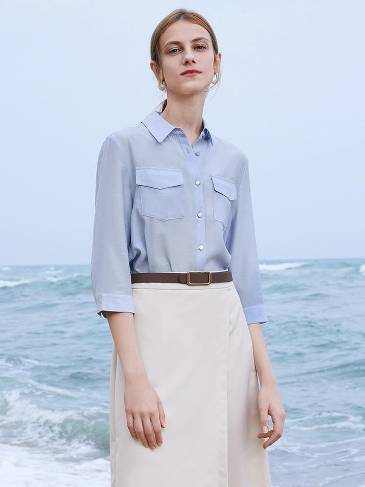 Vada | Women’s acetate shirt and asymmetric skirt set with leather belt
