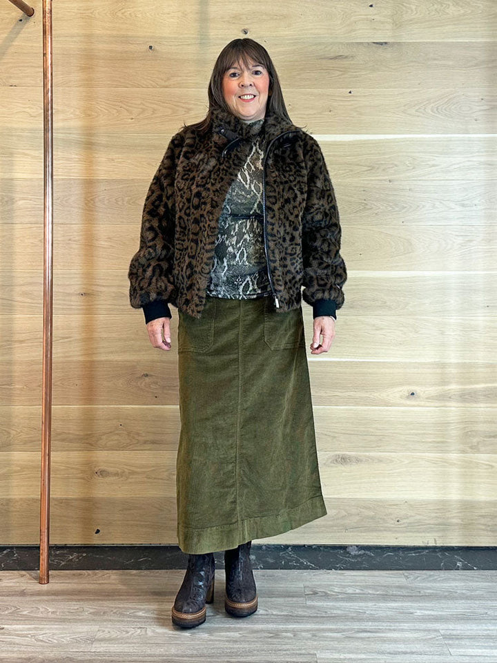 Ara | Women’s faux fur leopard jacket with stand-up collar