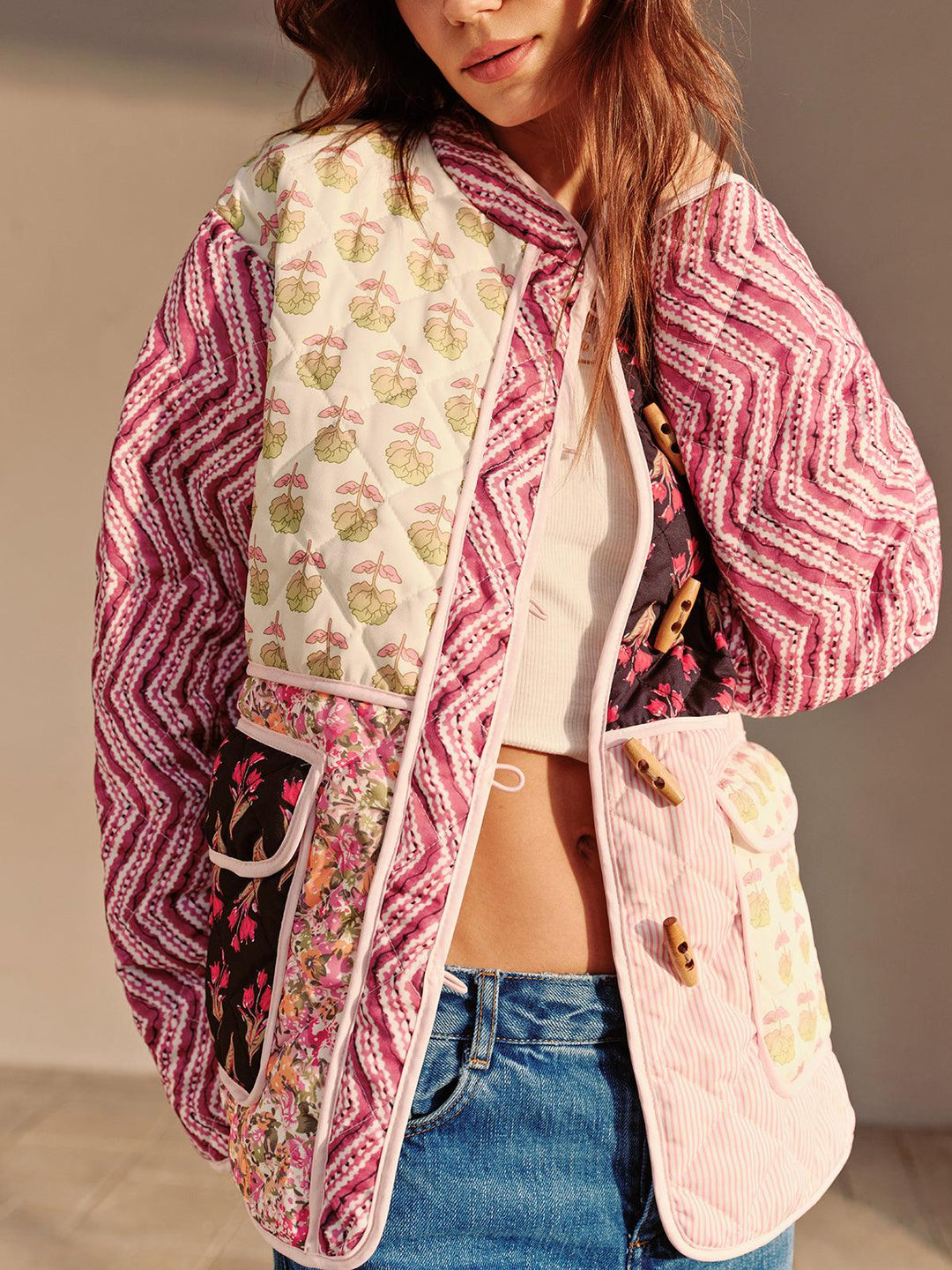 Sage | Women’s patchwork printed jacket with toggle closure and front pockets