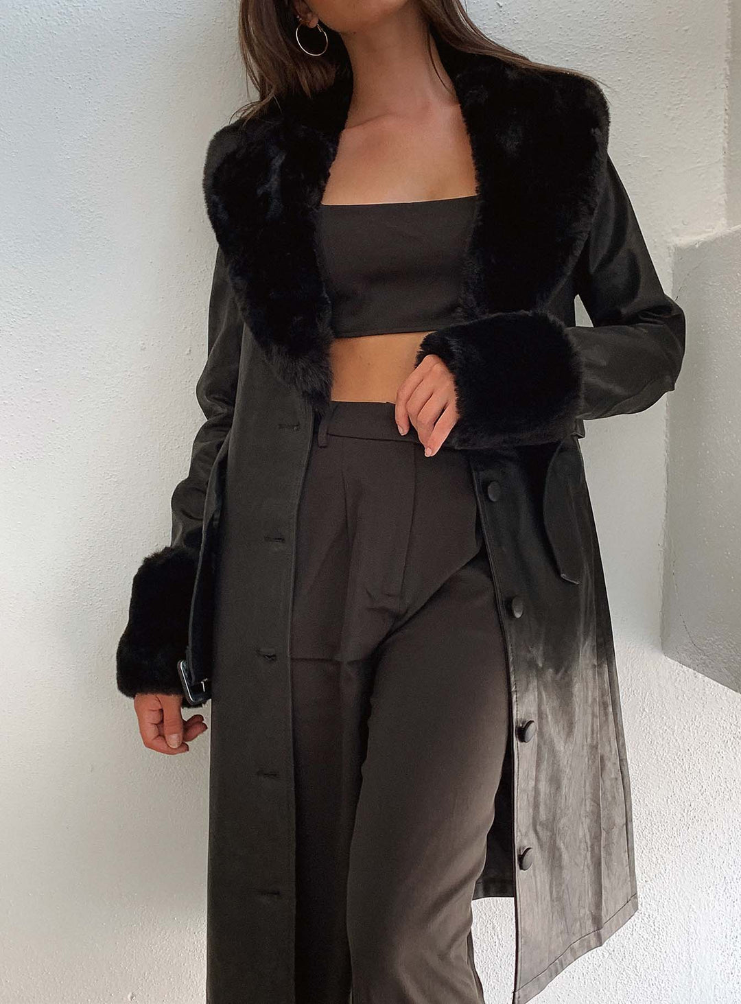 Harley | Women’s long vegan leather trench coat with faux fur trim and belt