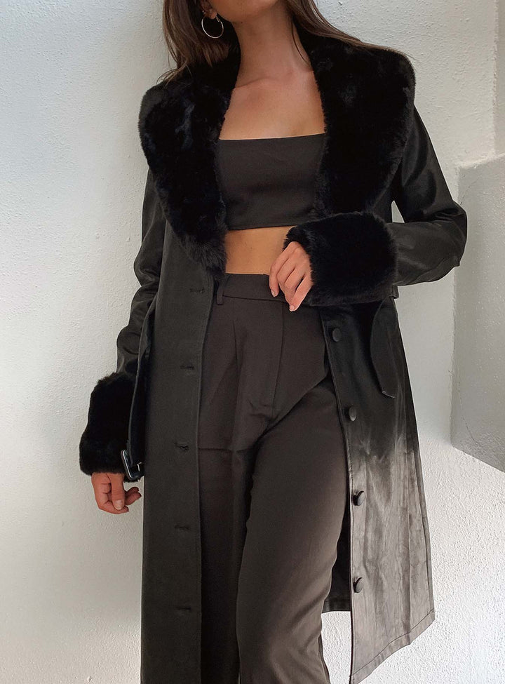 Harley | Women’s long vegan leather trench coat with faux fur trim and belt