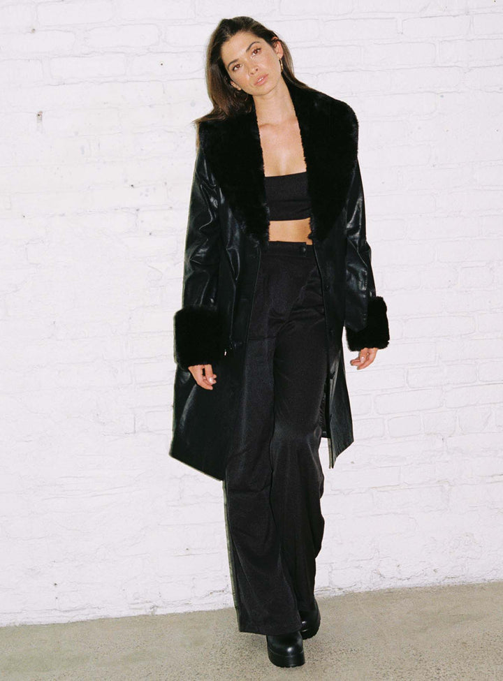 Harley | Women’s long vegan leather trench coat with faux fur trim and belt