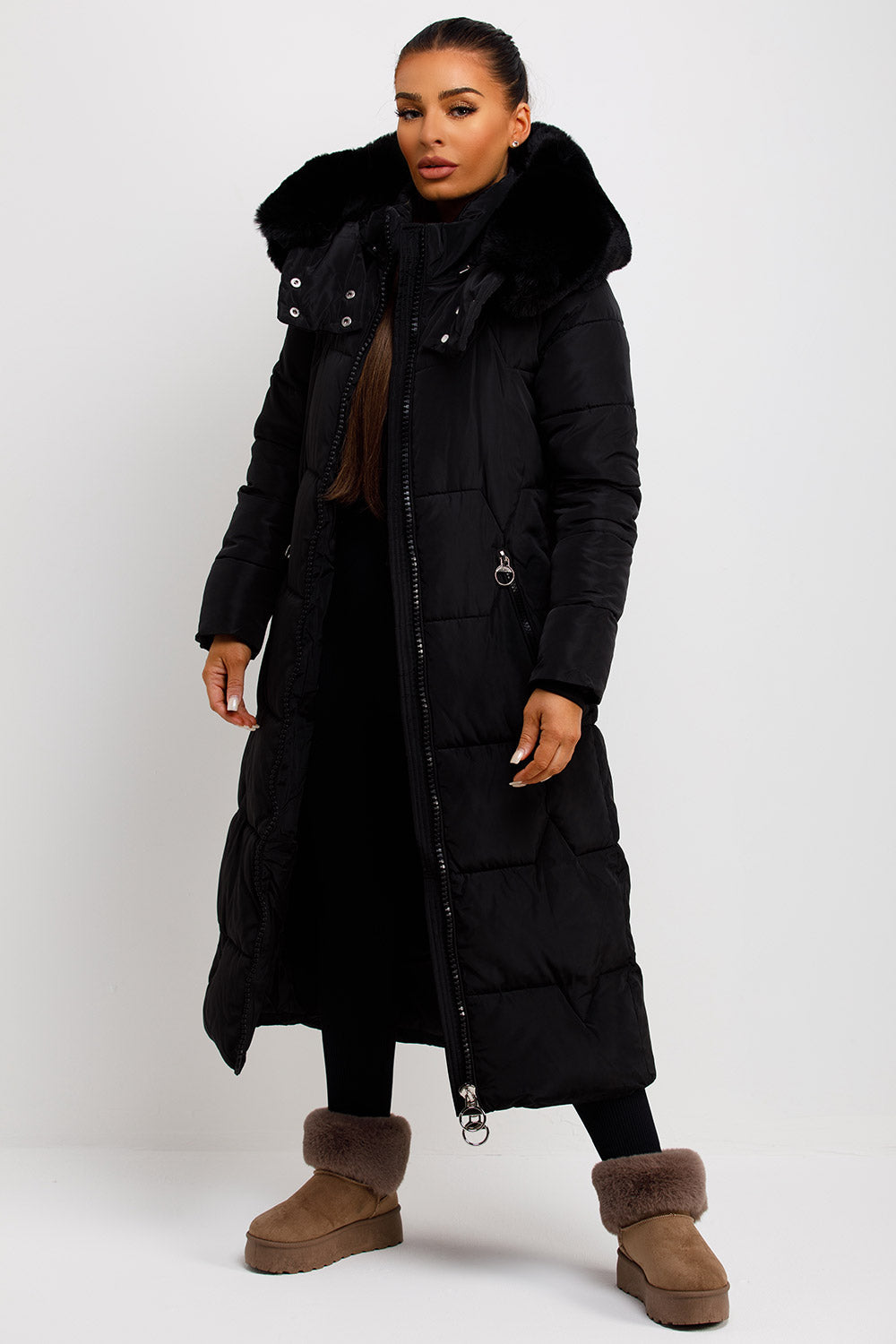 Maci | Women’s longline puffer coat with oversized faux fur hood