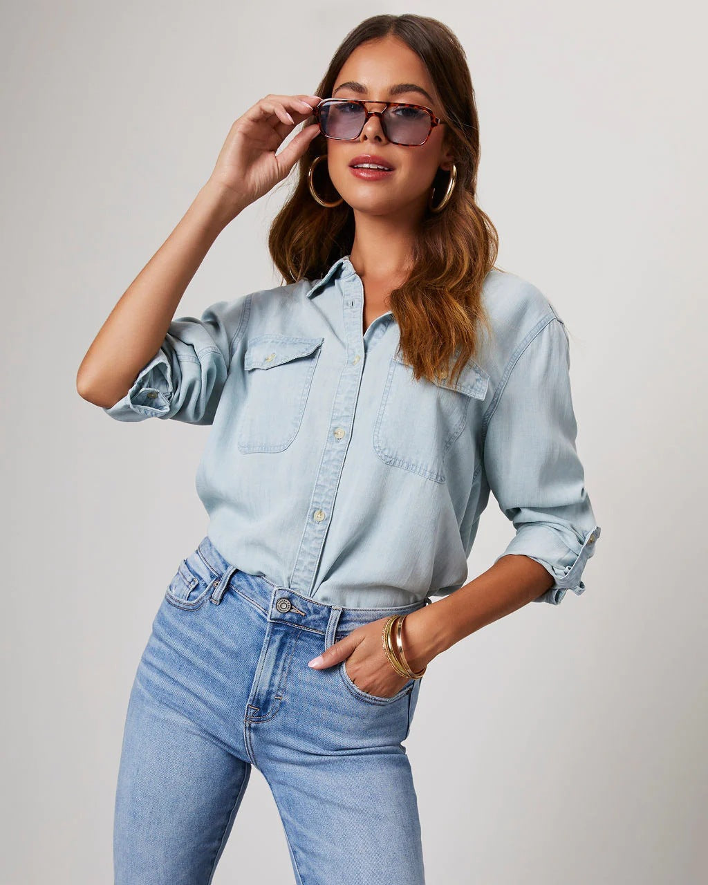Iris | Women's denim button-up polo blouse with chest pockets