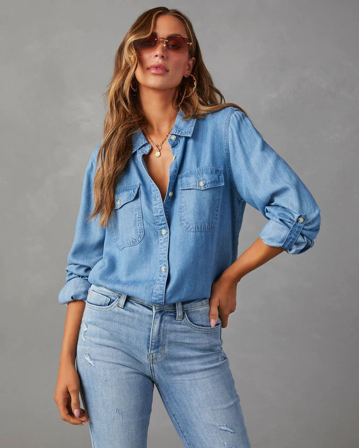 Iris | Women's denim button-up polo blouse with chest pockets