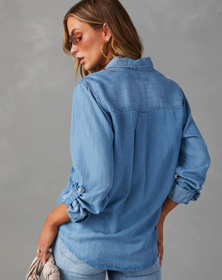 Iris | Women's denim button-up polo blouse with chest pockets