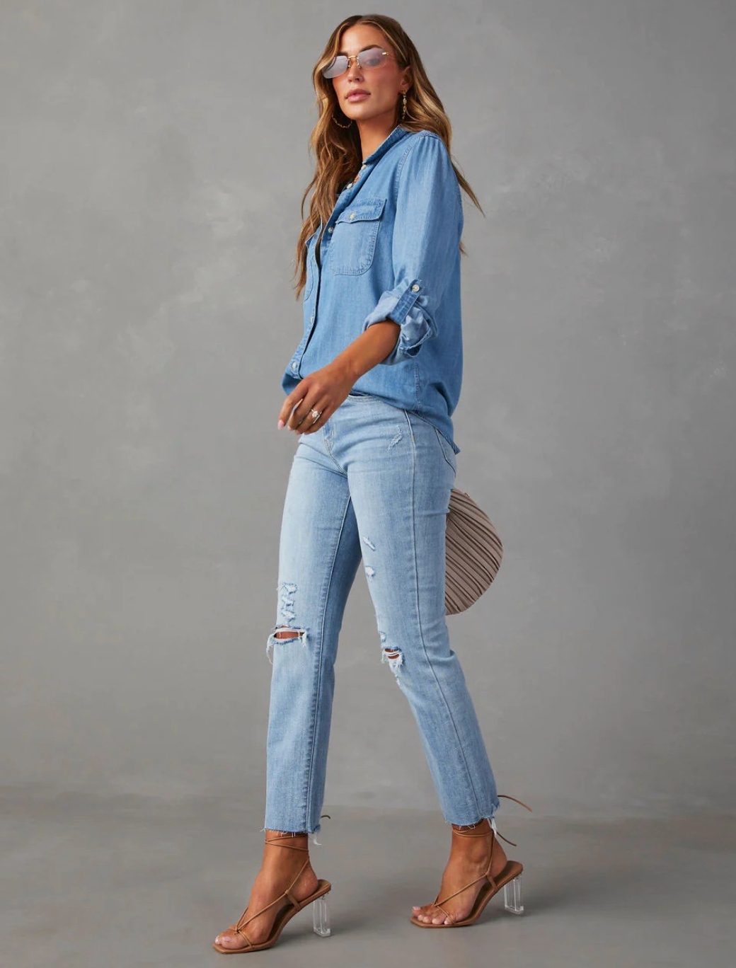 Iris | Women's denim button-up polo blouse with chest pockets