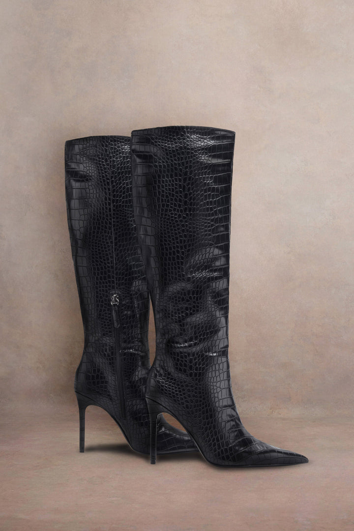 Ariana | Women’s croc-embossed patent knee-high pointed boots