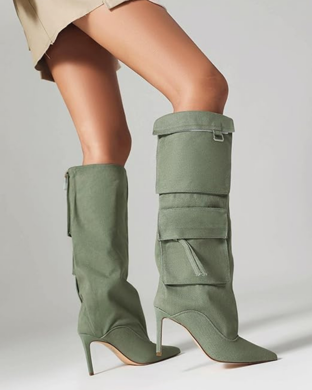 Camella | Women’s knee-high denim stiletto boots with pocket detail